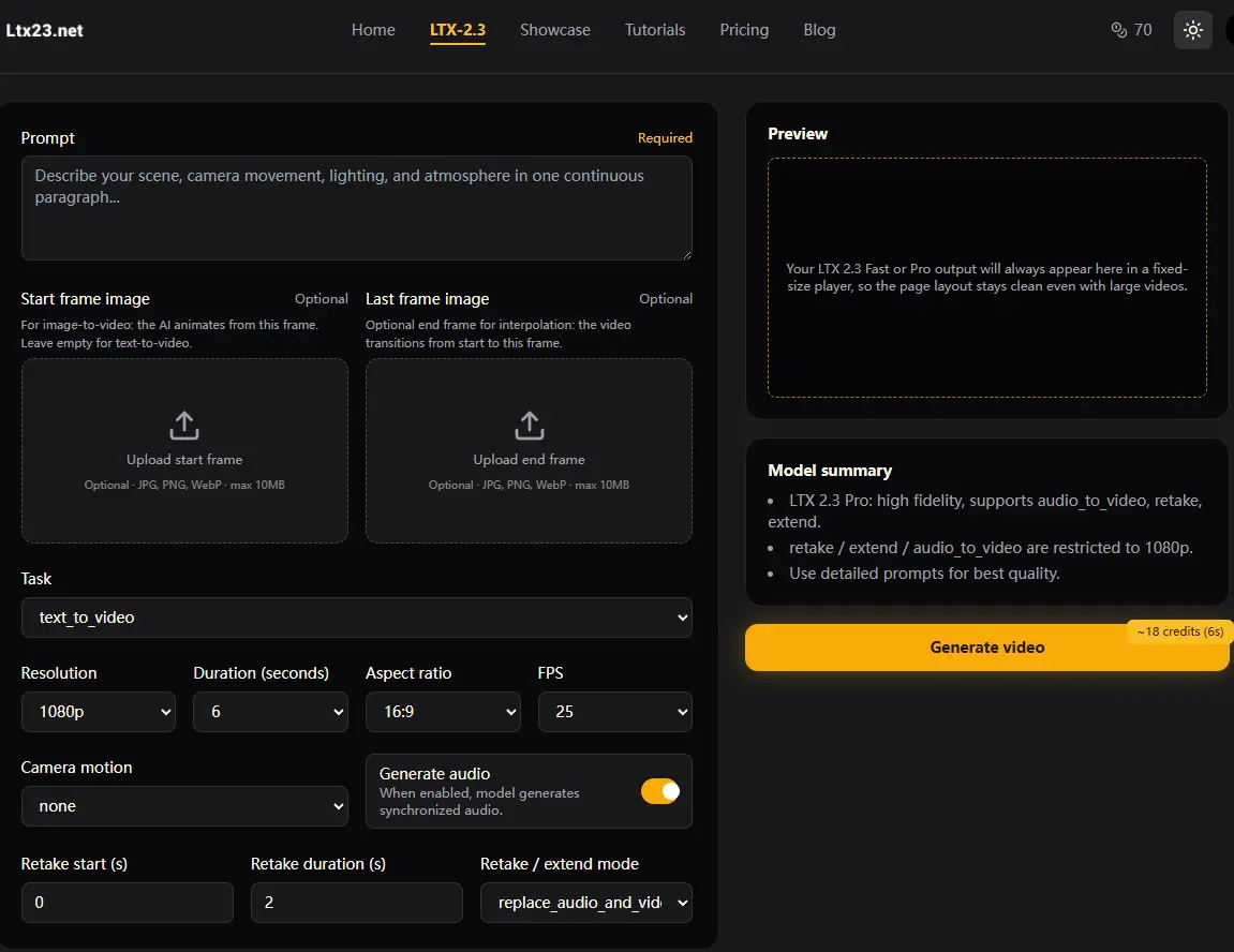 LTX 2.3 generator interface with prompt input and settings panel.