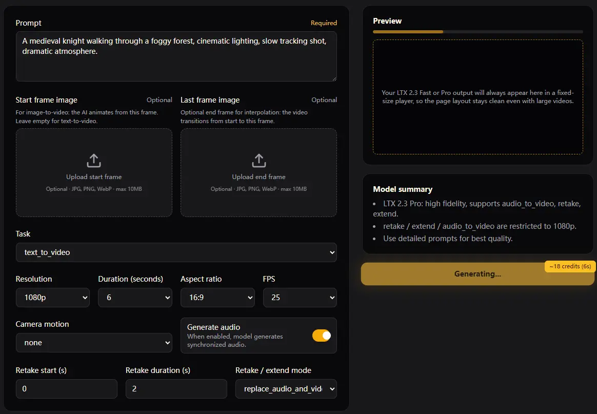 Generate video button highlighted in the LTX 2.3 interface